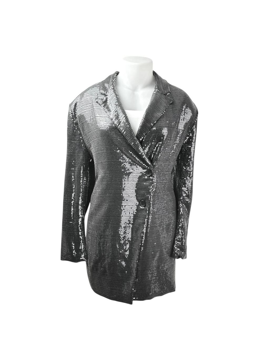 PrettyLittleThing Silver Metallic Sequin Long Sleeve Tuxedo Blazer Mini Dress 16